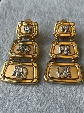 Parade of Elephants Vintage Earring Dangles 3 Panel Gold  Silver Two-Tone 2.25”